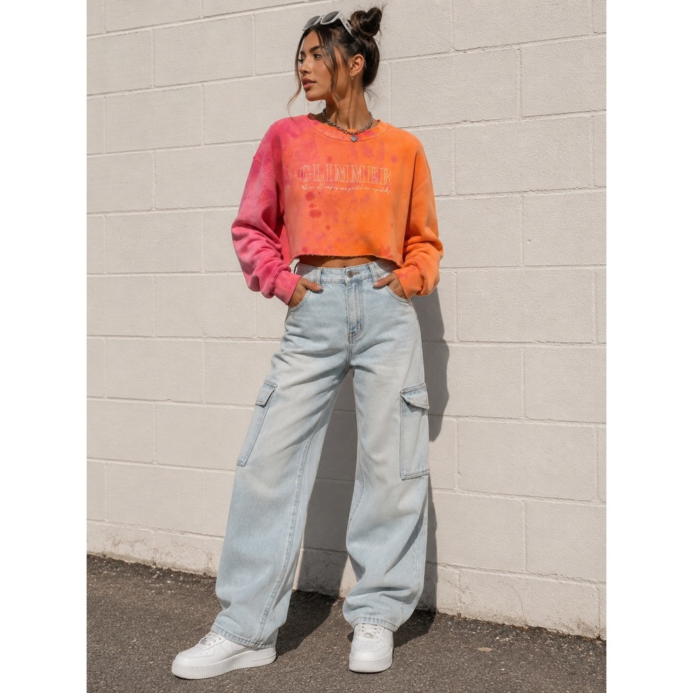 HollyWould Art Glimmer Tie Dye Cropped Sweatshirt Orange Pink Size Large